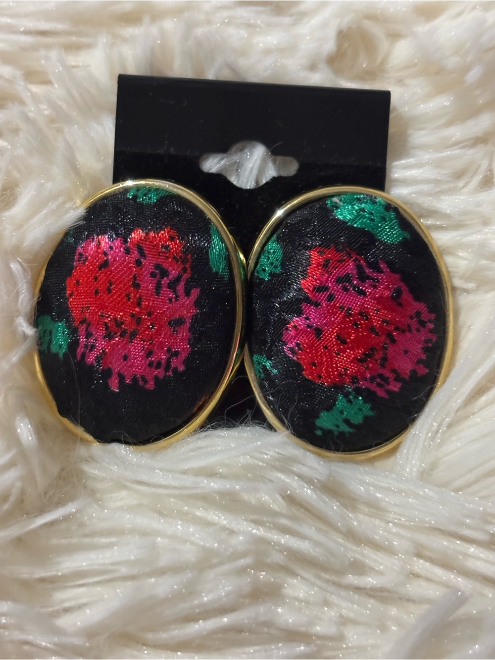 Floral Satin Oval Clip-On Earrings - Black with Pink/Red Floral